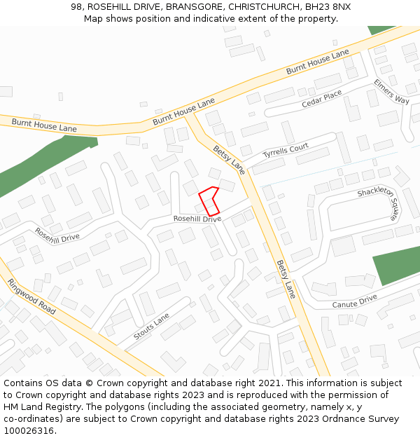98, ROSEHILL DRIVE, BRANSGORE, CHRISTCHURCH, BH23 8NX: Location map and indicative extent of plot