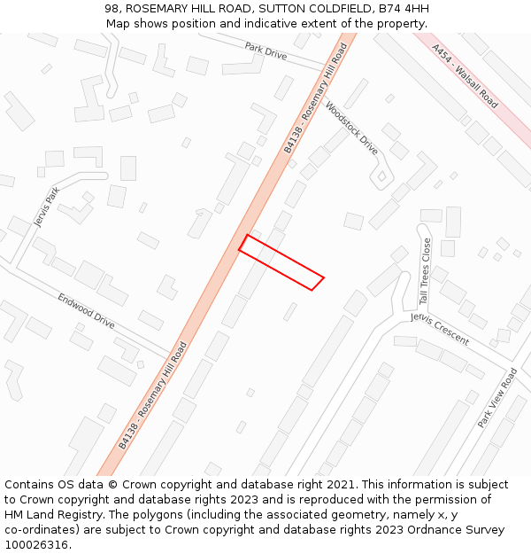 98, ROSEMARY HILL ROAD, SUTTON COLDFIELD, B74 4HH: Location map and indicative extent of plot