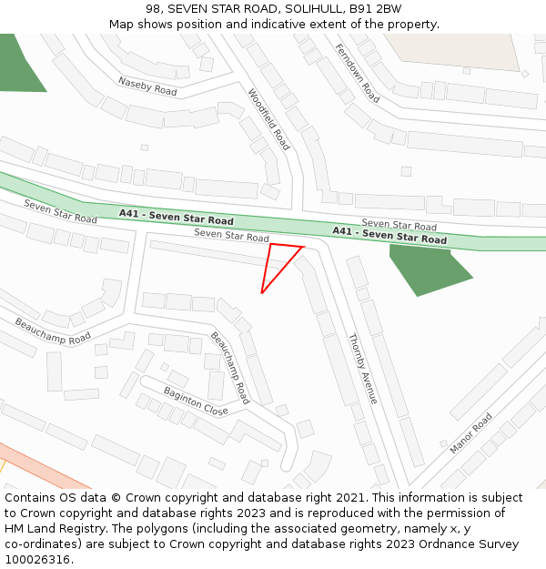 98, SEVEN STAR ROAD, SOLIHULL, B91 2BW: Location map and indicative extent of plot