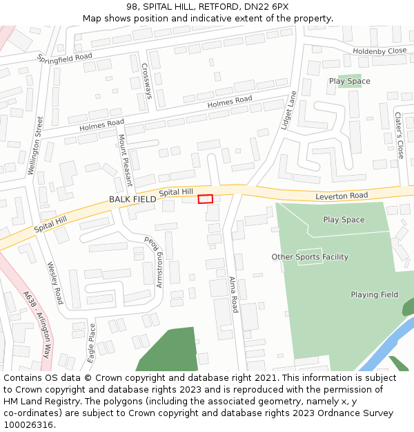 98, SPITAL HILL, RETFORD, DN22 6PX: Location map and indicative extent of plot