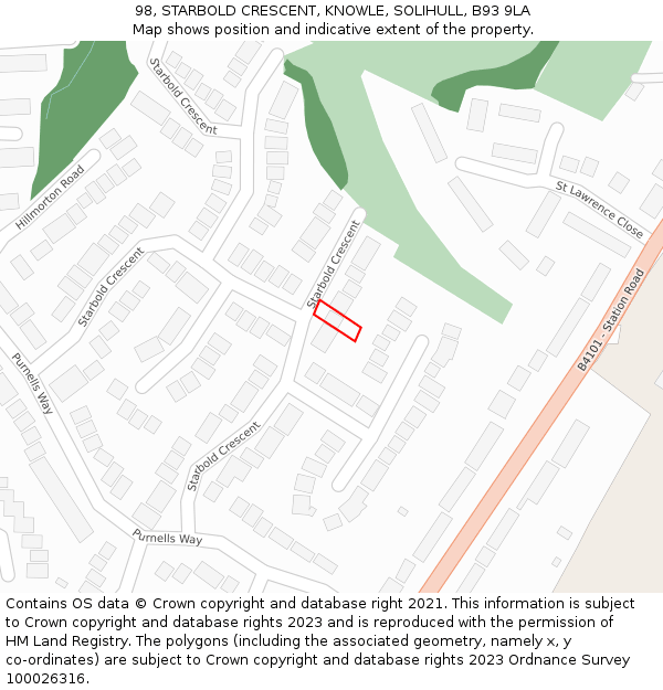 98, STARBOLD CRESCENT, KNOWLE, SOLIHULL, B93 9LA: Location map and indicative extent of plot