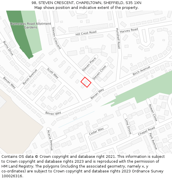98, STEVEN CRESCENT, CHAPELTOWN, SHEFFIELD, S35 1XN: Location map and indicative extent of plot