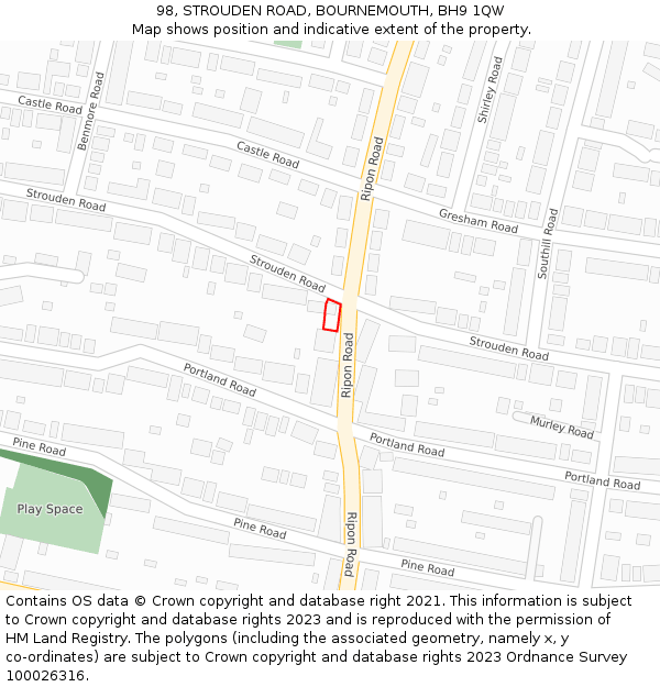 98, STROUDEN ROAD, BOURNEMOUTH, BH9 1QW: Location map and indicative extent of plot