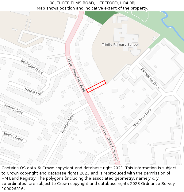 98, THREE ELMS ROAD, HEREFORD, HR4 0RJ: Location map and indicative extent of plot