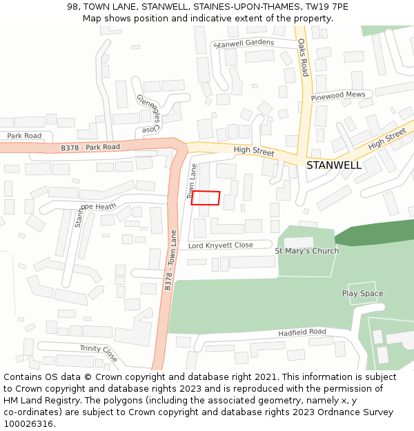 98, TOWN LANE, STANWELL, STAINES-UPON-THAMES, TW19 7PE: Location map and indicative extent of plot