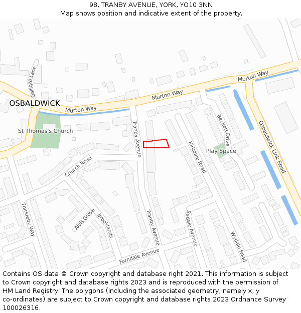 98, TRANBY AVENUE, YORK, YO10 3NN: Location map and indicative extent of plot