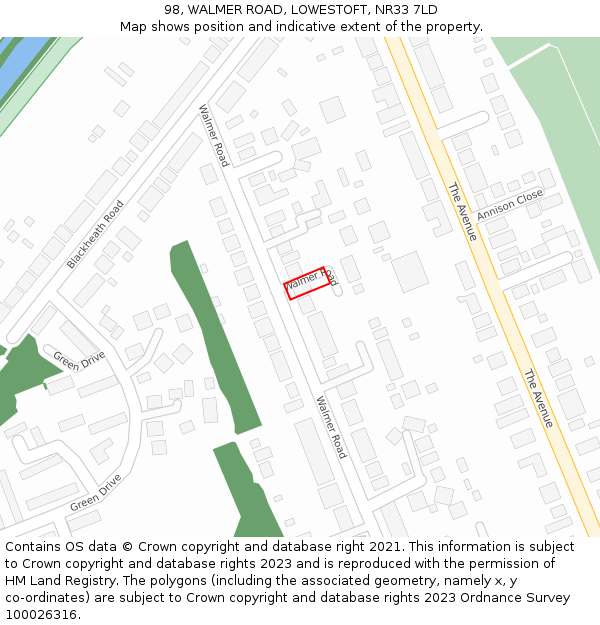 98, WALMER ROAD, LOWESTOFT, NR33 7LD: Location map and indicative extent of plot