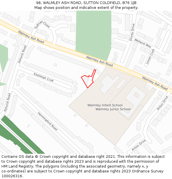 98, WALMLEY ASH ROAD, SUTTON COLDFIELD, B76 1JB: Location map and indicative extent of plot