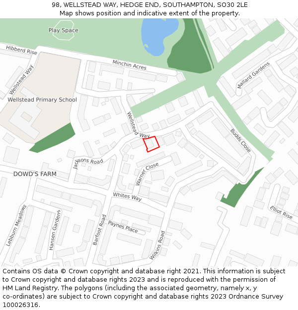 98, WELLSTEAD WAY, HEDGE END, SOUTHAMPTON, SO30 2LE: Location map and indicative extent of plot