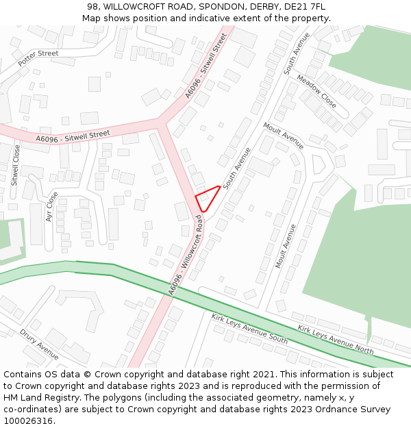 98, WILLOWCROFT ROAD, SPONDON, DERBY, DE21 7FL: Location map and indicative extent of plot