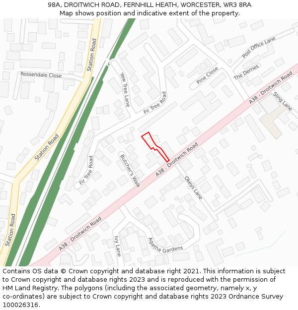 98A, DROITWICH ROAD, FERNHILL HEATH, WORCESTER, WR3 8RA: Location map and indicative extent of plot