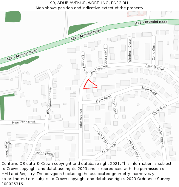 99, ADUR AVENUE, WORTHING, BN13 3LL: Location map and indicative extent of plot