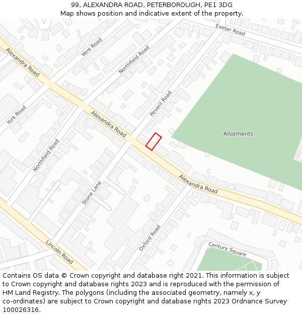 99, ALEXANDRA ROAD, PETERBOROUGH, PE1 3DG: Location map and indicative extent of plot
