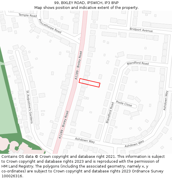 99, BIXLEY ROAD, IPSWICH, IP3 8NP: Location map and indicative extent of plot