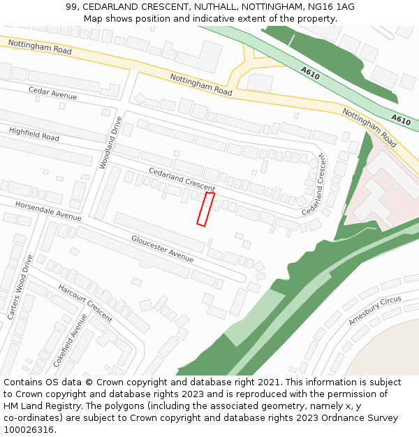 99, CEDARLAND CRESCENT, NUTHALL, NOTTINGHAM, NG16 1AG: Location map and indicative extent of plot