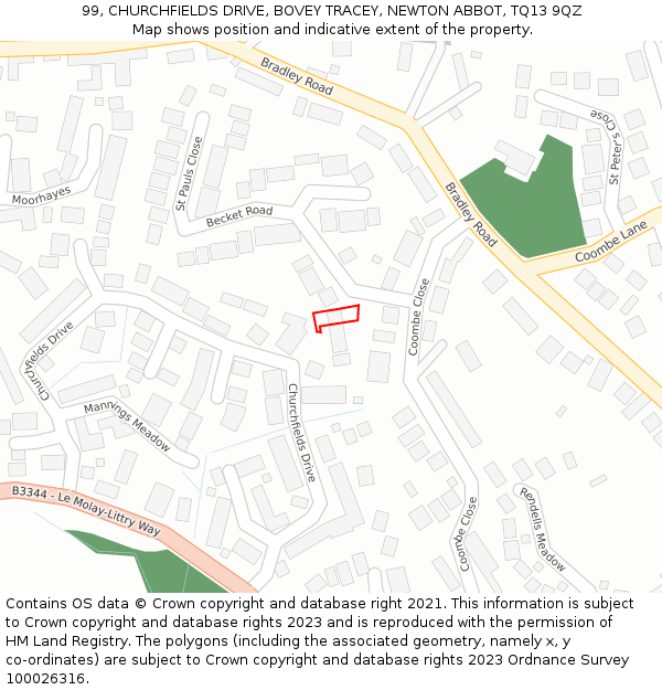 99, CHURCHFIELDS DRIVE, BOVEY TRACEY, NEWTON ABBOT, TQ13 9QZ: Location map and indicative extent of plot