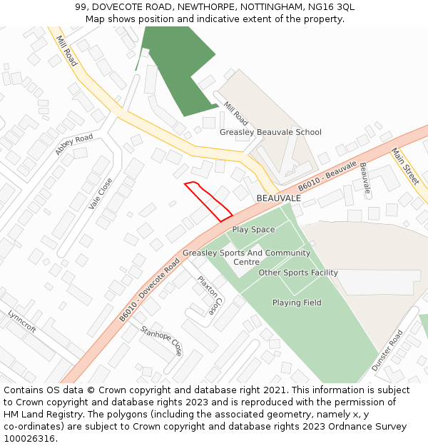 99, DOVECOTE ROAD, NEWTHORPE, NOTTINGHAM, NG16 3QL: Location map and indicative extent of plot