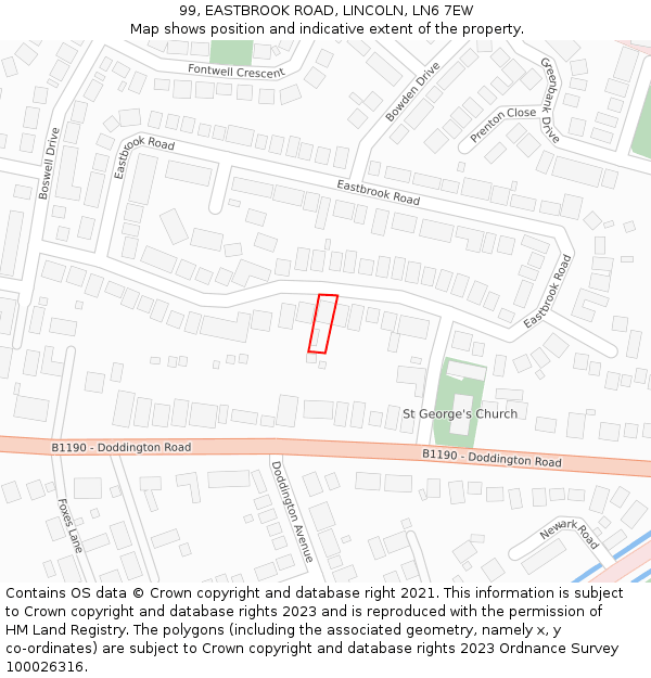 99, EASTBROOK ROAD, LINCOLN, LN6 7EW: Location map and indicative extent of plot