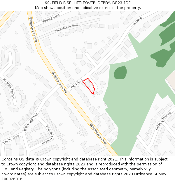 99, FIELD RISE, LITTLEOVER, DERBY, DE23 1DF: Location map and indicative extent of plot