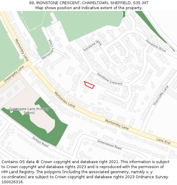 99, IRONSTONE CRESCENT, CHAPELTOWN, SHEFFIELD, S35 3XT: Location map and indicative extent of plot