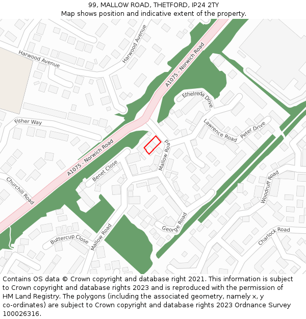 99, MALLOW ROAD, THETFORD, IP24 2TY: Location map and indicative extent of plot
