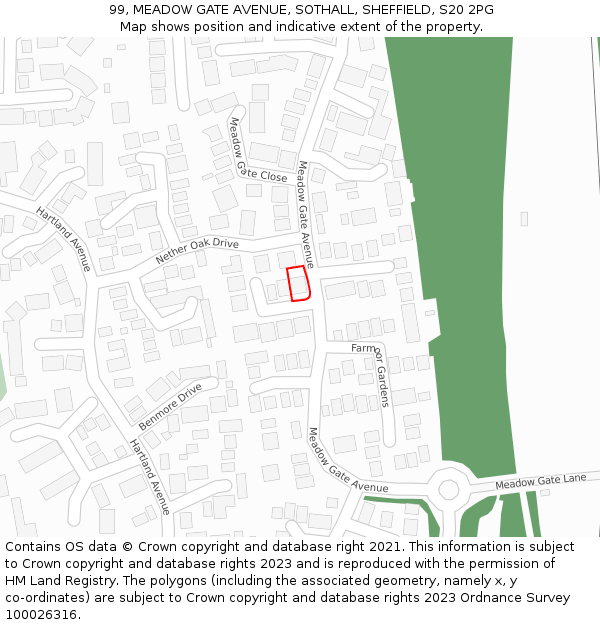 99, MEADOW GATE AVENUE, SOTHALL, SHEFFIELD, S20 2PG: Location map and indicative extent of plot