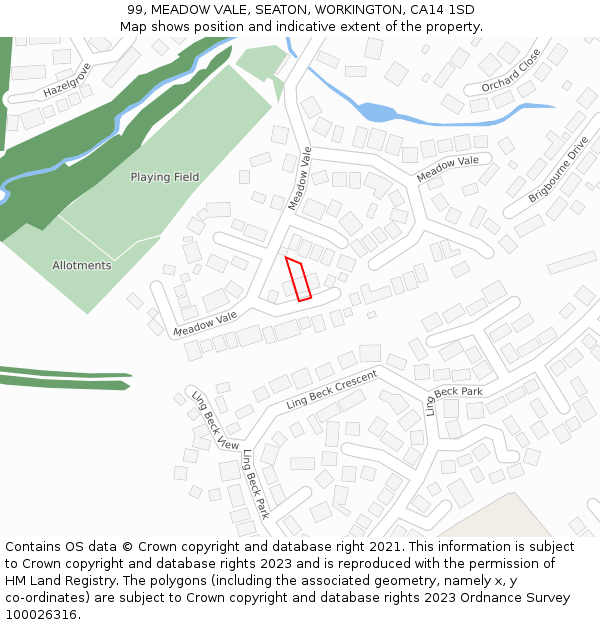 99, MEADOW VALE, SEATON, WORKINGTON, CA14 1SD: Location map and indicative extent of plot