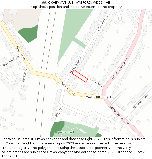 99, OXHEY AVENUE, WATFORD, WD19 4HB: Location map and indicative extent of plot