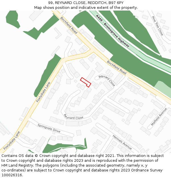 99, REYNARD CLOSE, REDDITCH, B97 6PY: Location map and indicative extent of plot