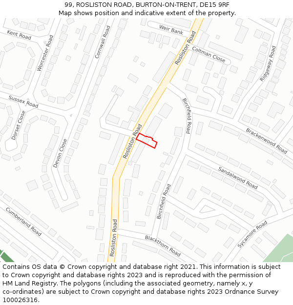 99, ROSLISTON ROAD, BURTON-ON-TRENT, DE15 9RF: Location map and indicative extent of plot