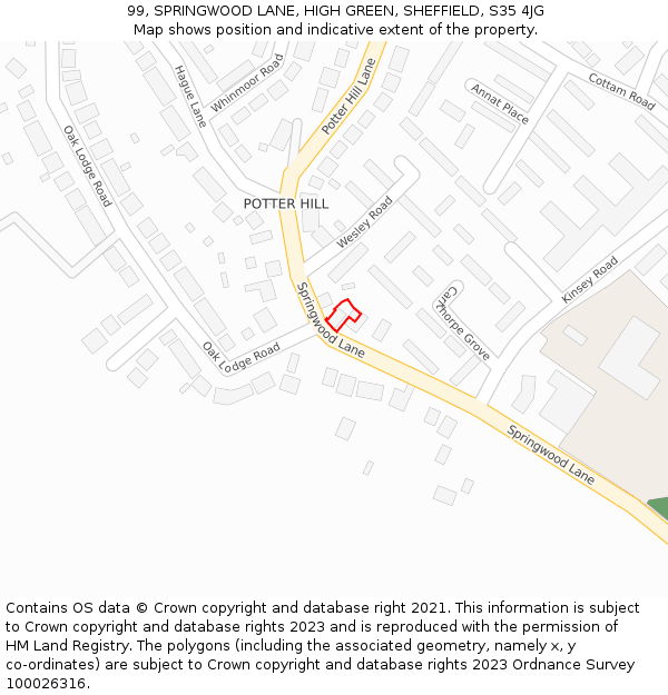 99, SPRINGWOOD LANE, HIGH GREEN, SHEFFIELD, S35 4JG: Location map and indicative extent of plot