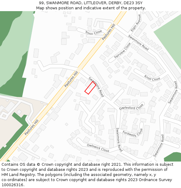 99, SWANMORE ROAD, LITTLEOVER, DERBY, DE23 3SY: Location map and indicative extent of plot