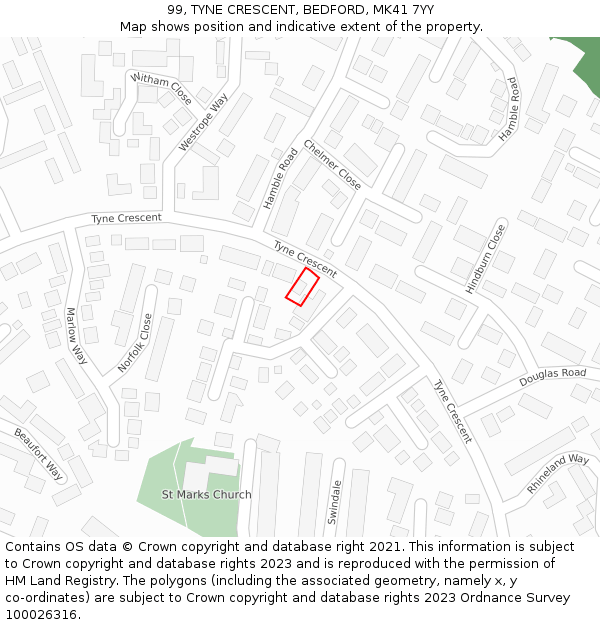 99, TYNE CRESCENT, BEDFORD, MK41 7YY: Location map and indicative extent of plot