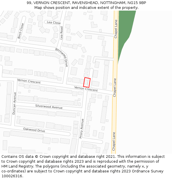 99, VERNON CRESCENT, RAVENSHEAD, NOTTINGHAM, NG15 9BP: Location map and indicative extent of plot