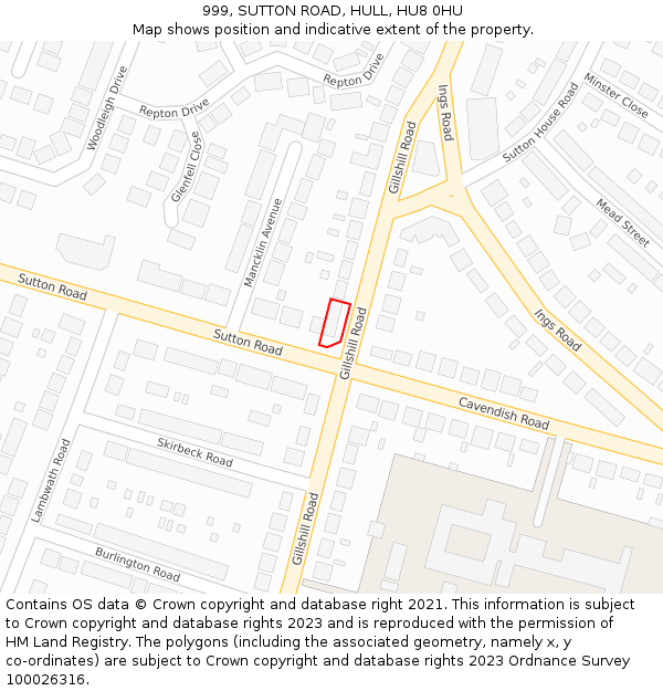 999, SUTTON ROAD, HULL, HU8 0HU: Location map and indicative extent of plot