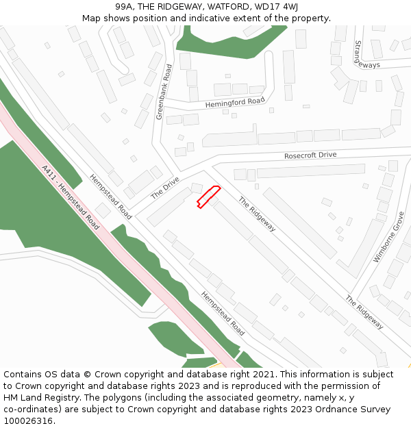 99A, THE RIDGEWAY, WATFORD, WD17 4WJ: Location map and indicative extent of plot