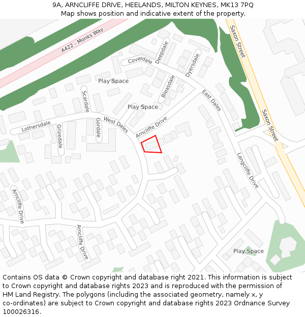 9A, ARNCLIFFE DRIVE, HEELANDS, MILTON KEYNES, MK13 7PQ: Location map and indicative extent of plot