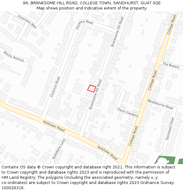 9A, BRANKSOME HILL ROAD, COLLEGE TOWN, SANDHURST, GU47 0QE: Location map and indicative extent of plot