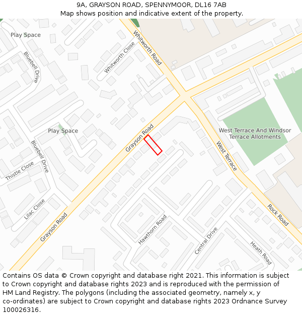 9A, GRAYSON ROAD, SPENNYMOOR, DL16 7AB: Location map and indicative extent of plot