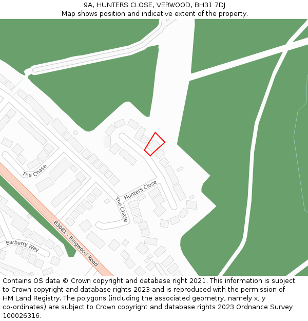 9A, HUNTERS CLOSE, VERWOOD, BH31 7DJ: Location map and indicative extent of plot
