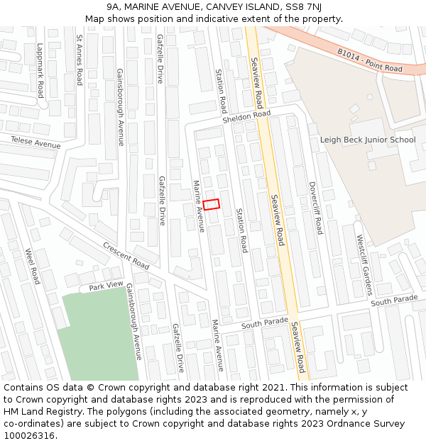 9A, MARINE AVENUE, CANVEY ISLAND, SS8 7NJ: Location map and indicative extent of plot