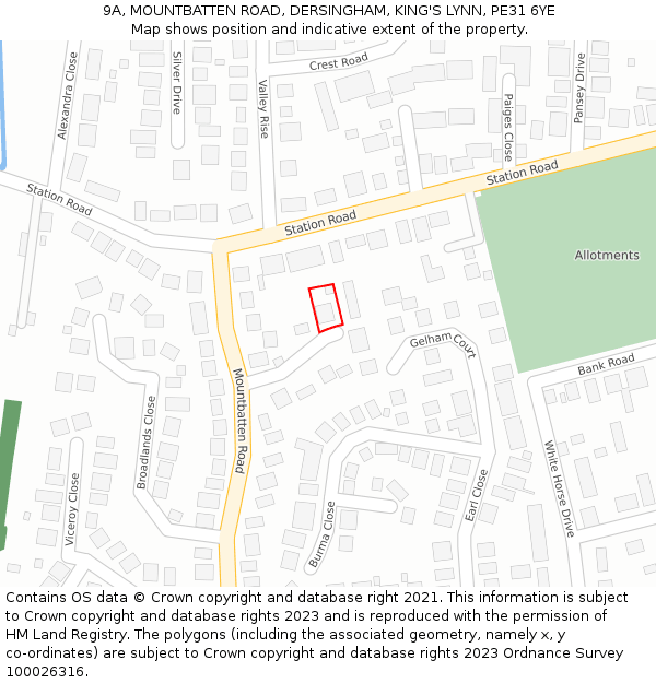 9A, MOUNTBATTEN ROAD, DERSINGHAM, KING'S LYNN, PE31 6YE: Location map and indicative extent of plot