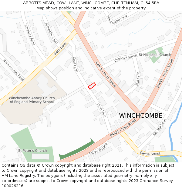 ABBOTTS MEAD, COWL LANE, WINCHCOMBE, CHELTENHAM, GL54 5RA: Location map and indicative extent of plot