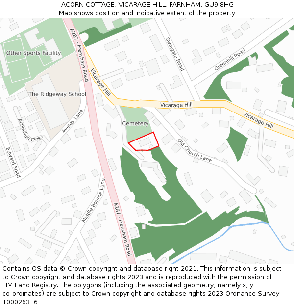 ACORN COTTAGE, VICARAGE HILL, FARNHAM, GU9 8HG: Location map and indicative extent of plot