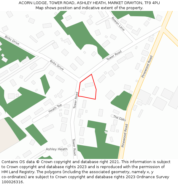 ACORN LODGE, TOWER ROAD, ASHLEY HEATH, MARKET DRAYTON, TF9 4PU: Location map and indicative extent of plot