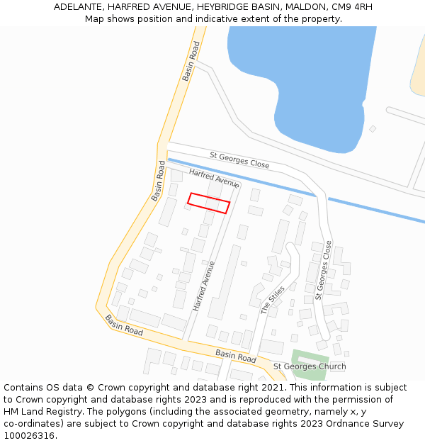 ADELANTE, HARFRED AVENUE, HEYBRIDGE BASIN, MALDON, CM9 4RH: Location map and indicative extent of plot