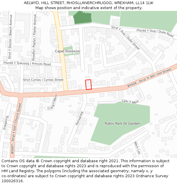 AELWYD, HILL STREET, RHOSLLANERCHRUGOG, WREXHAM, LL14 1LW: Location map and indicative extent of plot