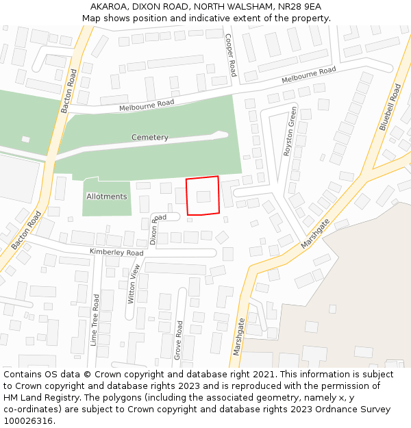 AKAROA, DIXON ROAD, NORTH WALSHAM, NR28 9EA: Location map and indicative extent of plot