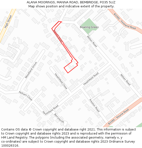 ALANA MOORINGS, MANNA ROAD, BEMBRIDGE, PO35 5UZ: Location map and indicative extent of plot