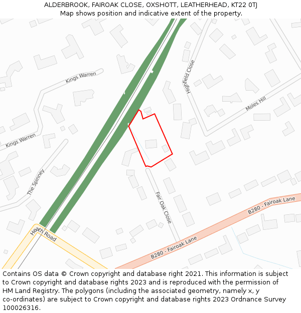 ALDERBROOK, FAIROAK CLOSE, OXSHOTT, LEATHERHEAD, KT22 0TJ: Location map and indicative extent of plot